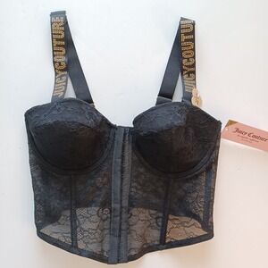 JUICY COUTURE 36b BLACK CORSET BRA LACE MOLDED CUPS UNDERWIRE BONING CONVERTIBLE